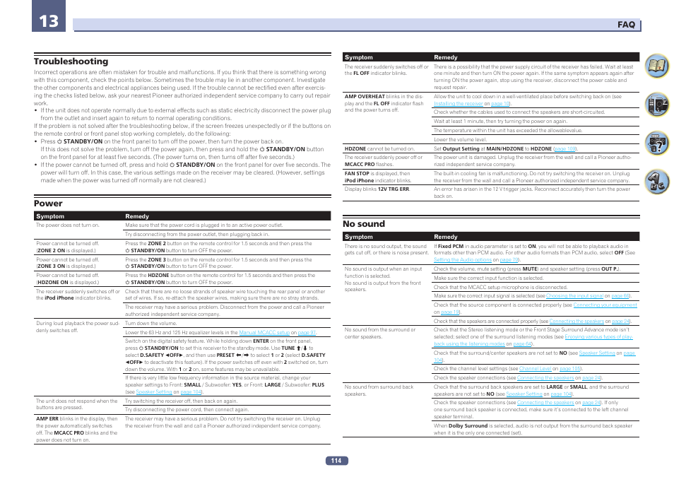 Troubleshooting power no sound, Troubleshooting, Power | No sound | Pioneer SC-LX78-S User Manual | Page 114 / 141