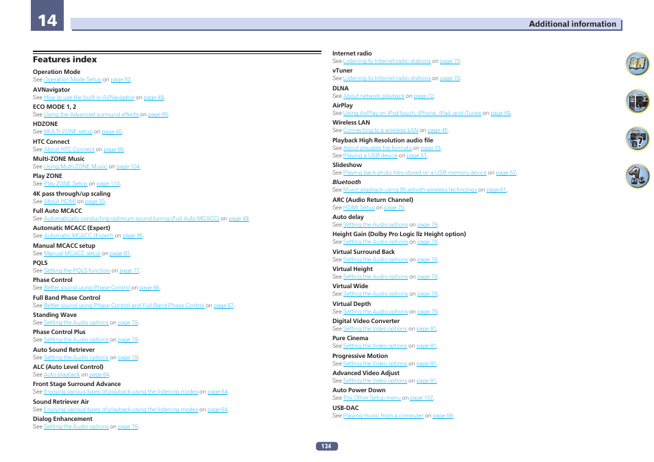 Features index | Pioneer SC-LX78-S User Manual | Page 134 / 141