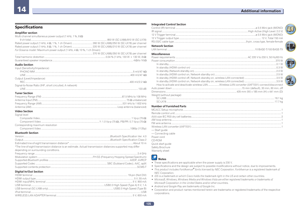 Specifications | Pioneer SC-LX78-S User Manual | Page 135 / 141