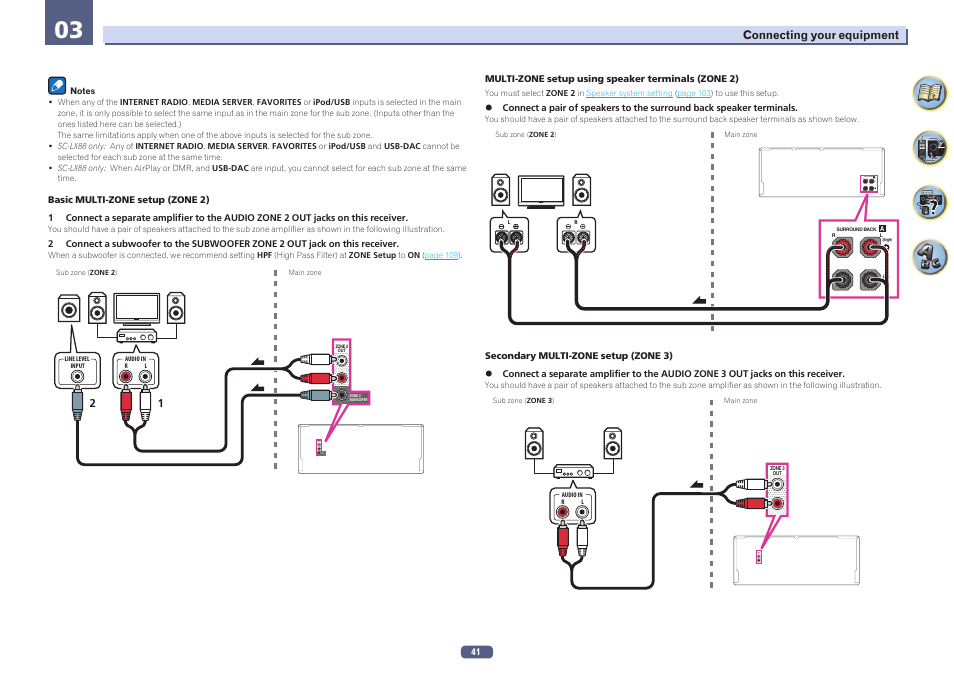 Multi, Zone setup using speaker terminals (zone 2), Zone 2 subwoofer zone 2 out | Single) a surround back r l, Zone 3 out | Pioneer SC-LX78-S User Manual | Page 41 / 141