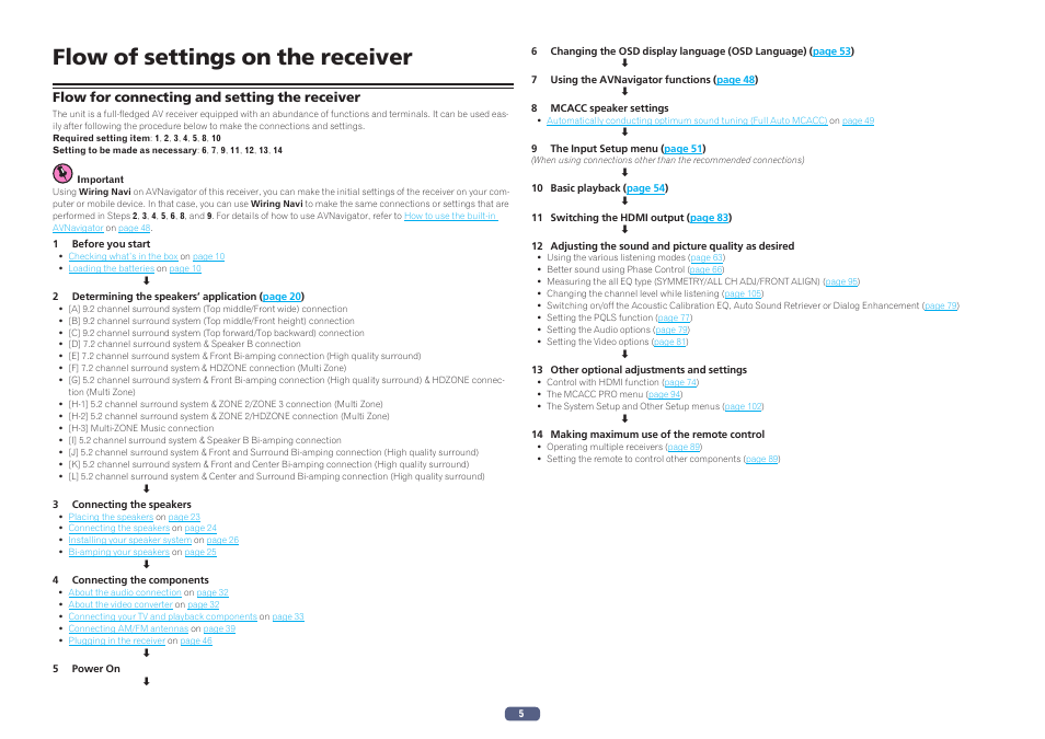 Flow of settings on the receiver, Flow for connecting and setting the receiver | Pioneer SC-LX78-S User Manual | Page 5 / 141