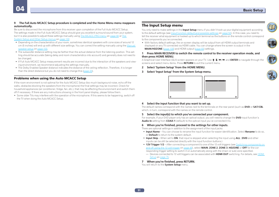 The input setup menu, The input, Setup menu | Input setup menu, Problems when using the auto mcacc setup | Pioneer SC-LX78-S User Manual | Page 51 / 141