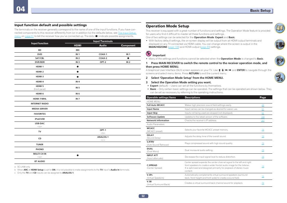 Operation mode setup, Input function default and possible settings | Pioneer SC-LX78-S User Manual | Page 52 / 141