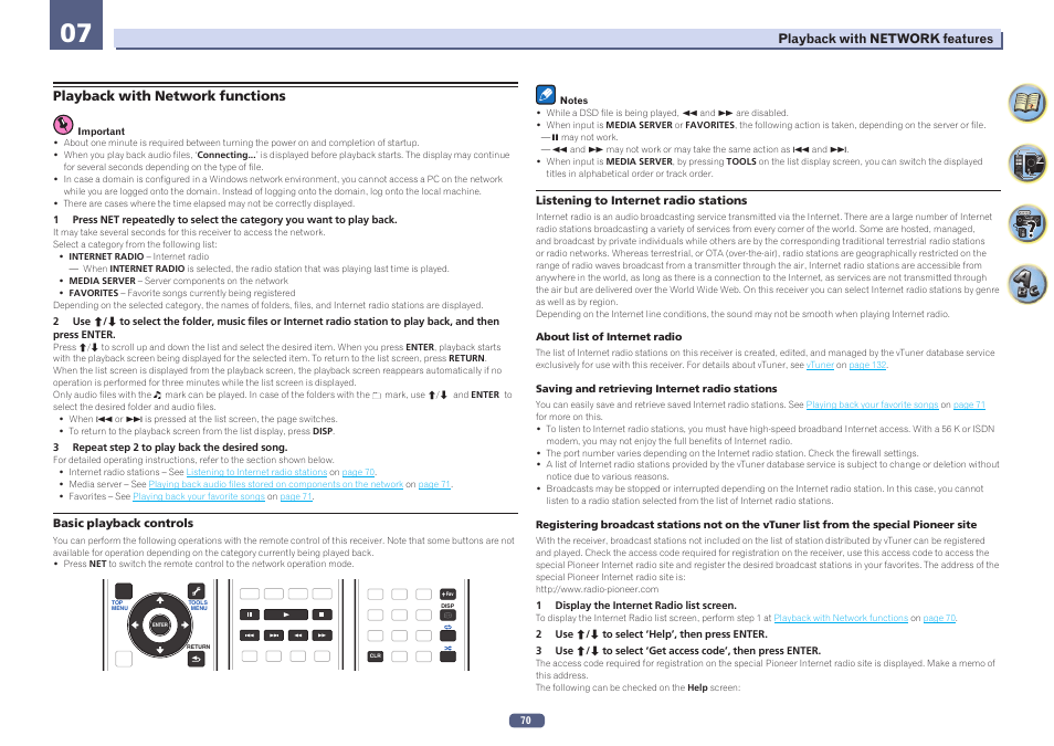 Playback with network functions, Listening to internet radio stations | Pioneer SC-LX78-S User Manual | Page 70 / 141