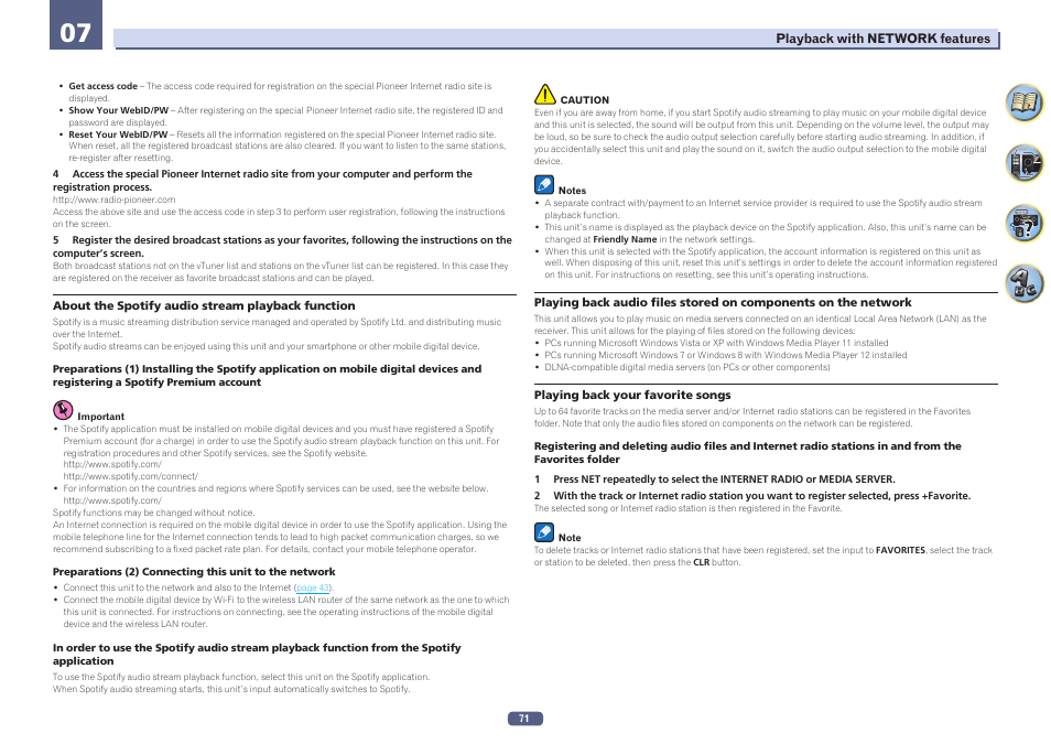 Network, About the spotify audio stream playback function, Playing back your favorite songs | Pioneer SC-LX78-S User Manual | Page 71 / 141