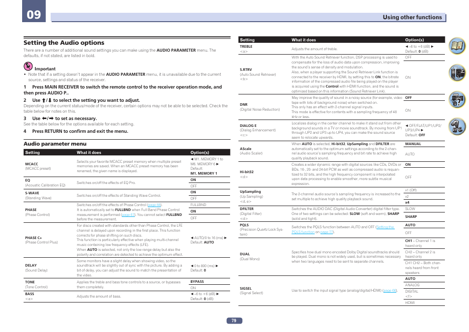 Setting the audio options, Setting the audio, Options | Pioneer SC-LX78-S User Manual | Page 79 / 141