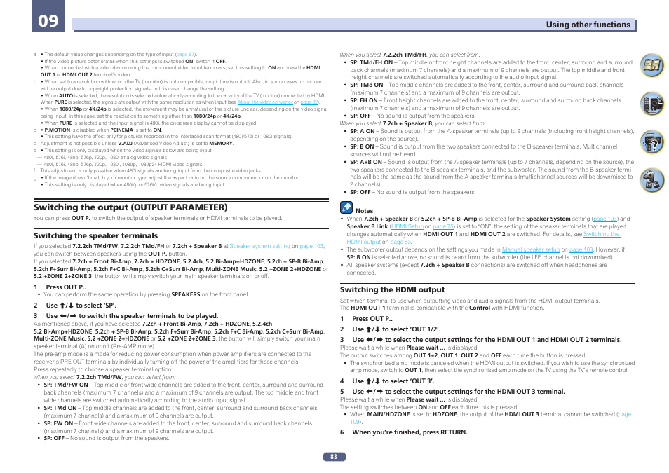 Switching the output (output parameter), Switching the hdmi output, Switching the speaker terminals | Switching, The speaker terminals | Pioneer SC-LX78-S User Manual | Page 83 / 141