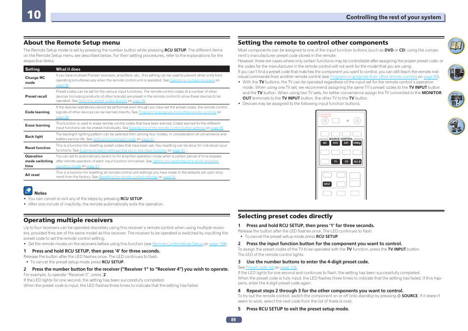 About the remote setup menu, Operating multiple receivers, Setting the remote to control other components | Selecting preset codes directly | Pioneer SC-LX78-S User Manual | Page 89 / 141