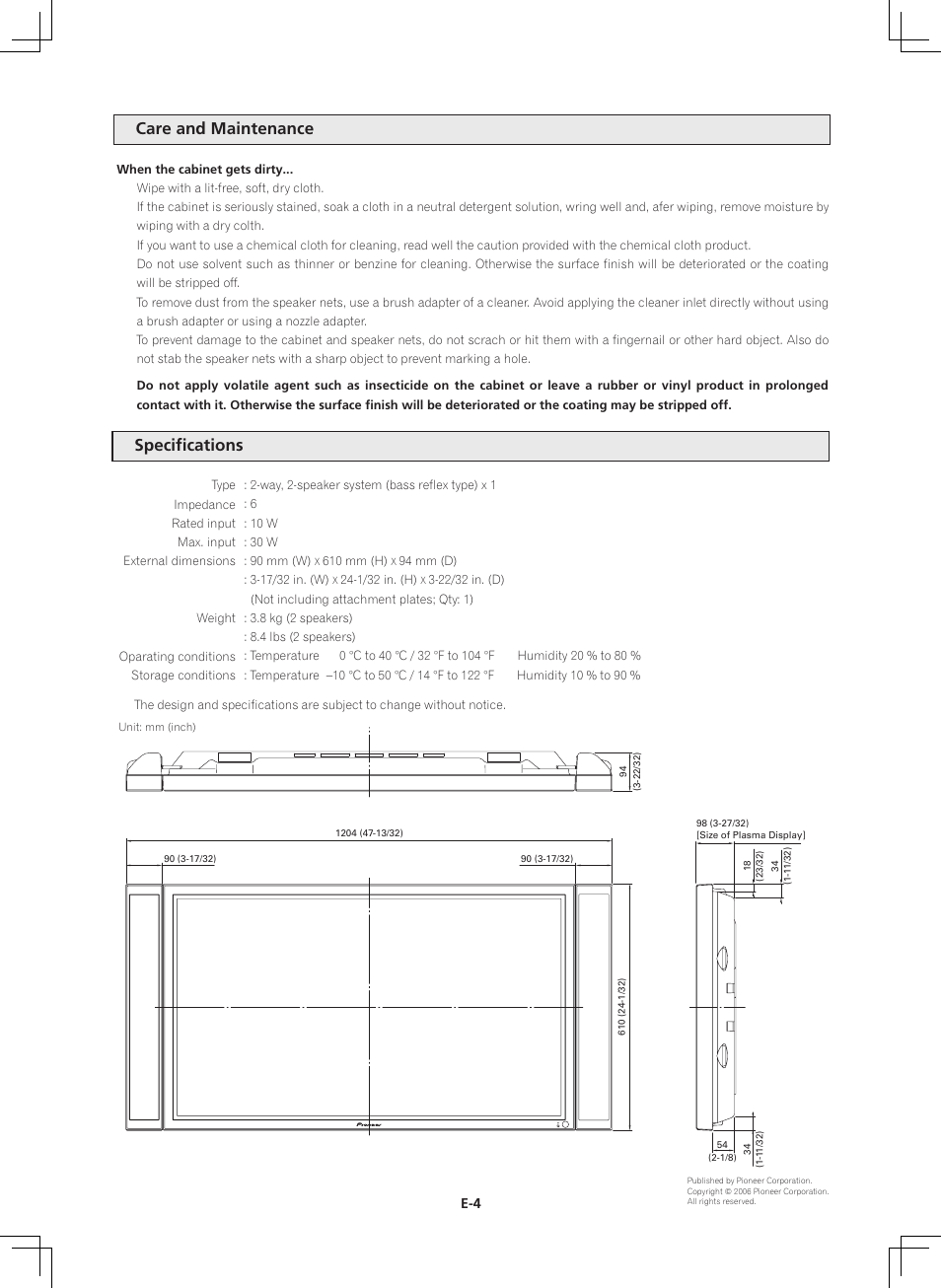 Care and maintenance specifications | Pioneer PDP-S44-LR User Manual | Page 10 / 32