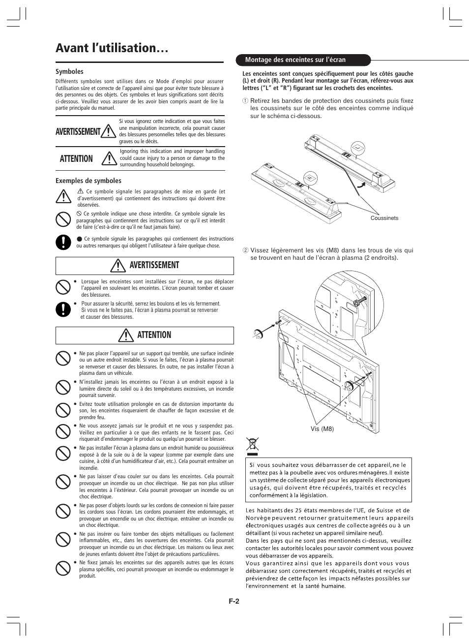 Avant l’utilisation, Attention avertissement, Attention | Avertissement | Pioneer PDP-S44-LR User Manual | Page 12 / 32