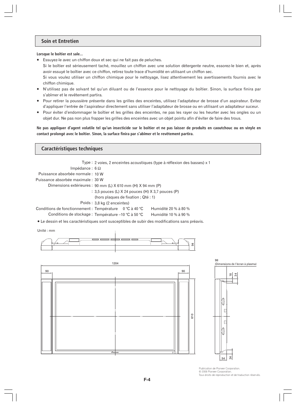 Soin et entretien caractéristiques techniques | Pioneer PDP-S44-LR User Manual | Page 14 / 32