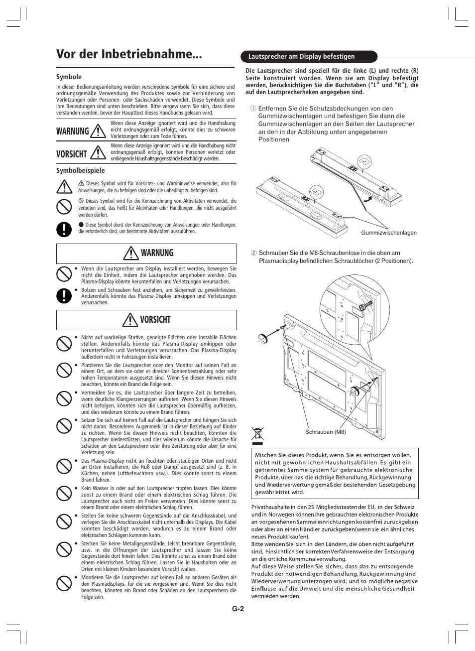 Vor der inbetriebnahme, Warnung, Vorsicht | Pioneer PDP-S44-LR User Manual | Page 16 / 32