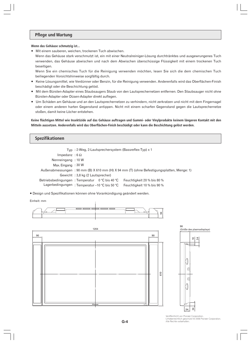 Pflege und wartung spezifikationen | Pioneer PDP-S44-LR User Manual | Page 18 / 32