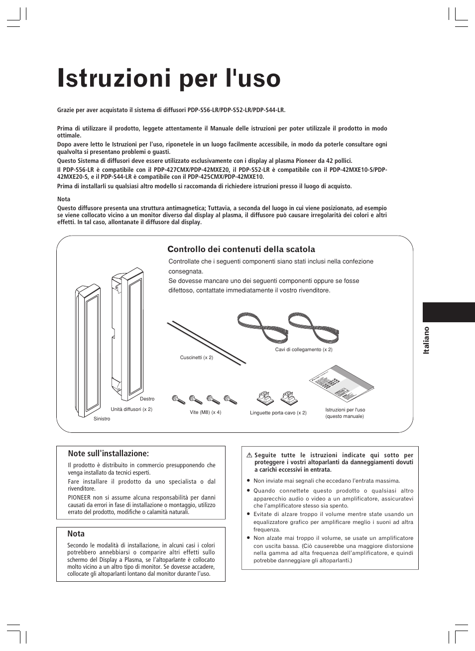 Istruzioni per l'uso, Controllo dei contenuti della scatola, Nota | Pioneer PDP-S44-LR User Manual | Page 19 / 32