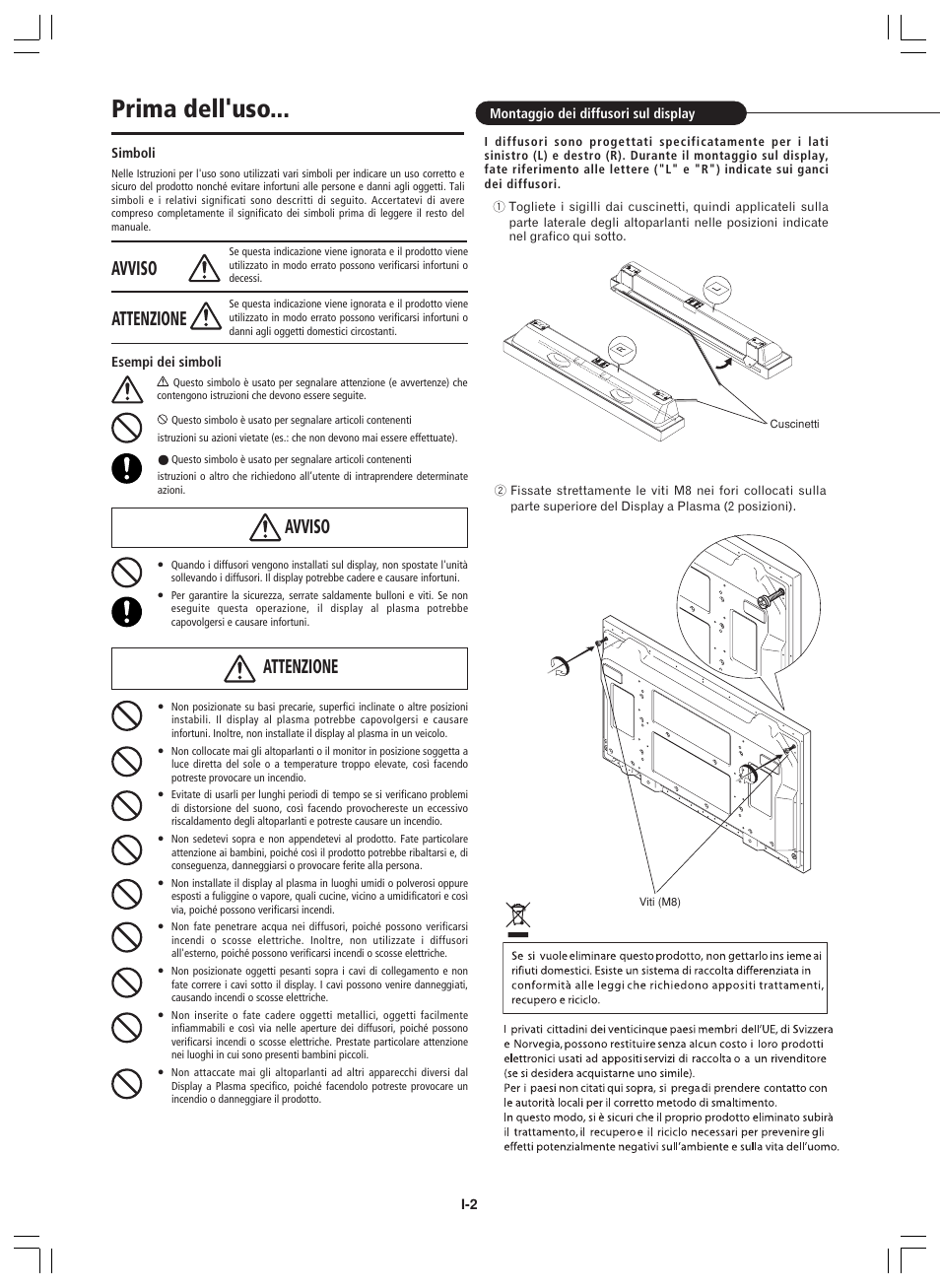 Prima dell'uso, Avviso, Attenzione | Pioneer PDP-S44-LR User Manual | Page 20 / 32