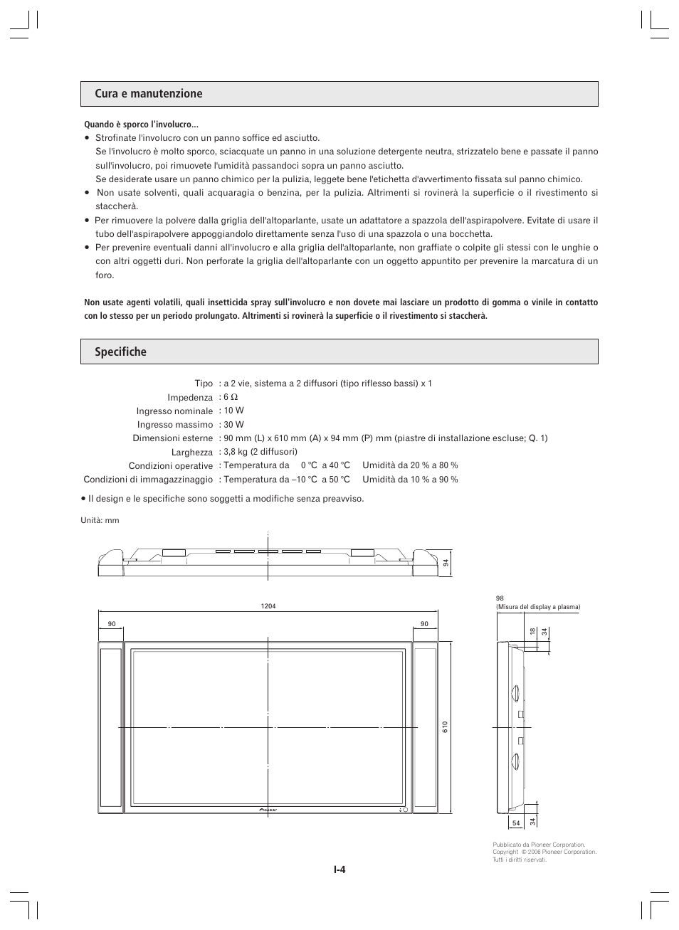 Cura e manutenzione specifiche | Pioneer PDP-S44-LR User Manual | Page 22 / 32