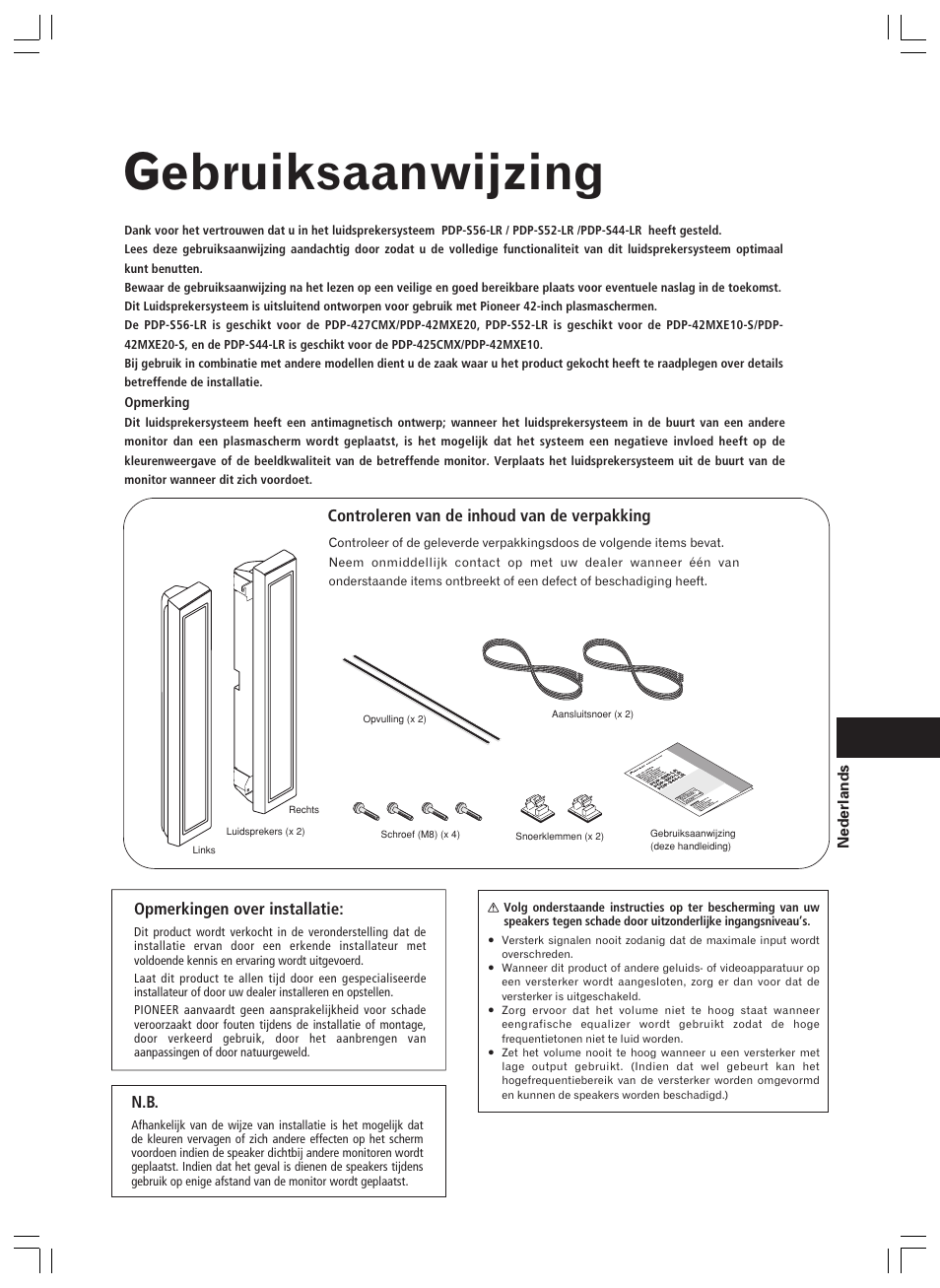 Gebruiksaanwijzing, Controleren van de inhoud van de verpakking, Opmerkingen over installatie | Pioneer PDP-S44-LR User Manual | Page 23 / 32