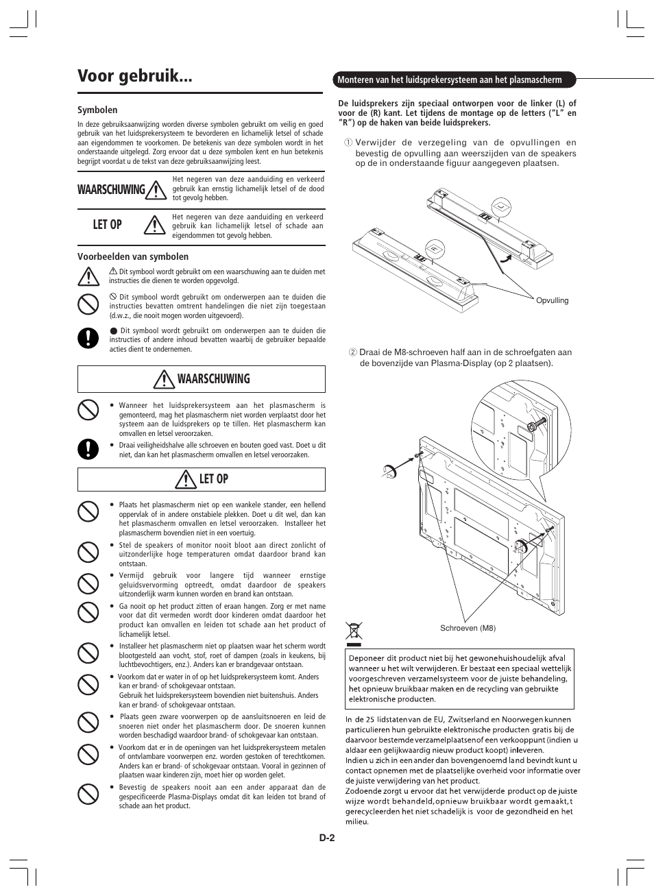 Voor gebruik, Waarschuwing, Let op | Pioneer PDP-S44-LR User Manual | Page 24 / 32
