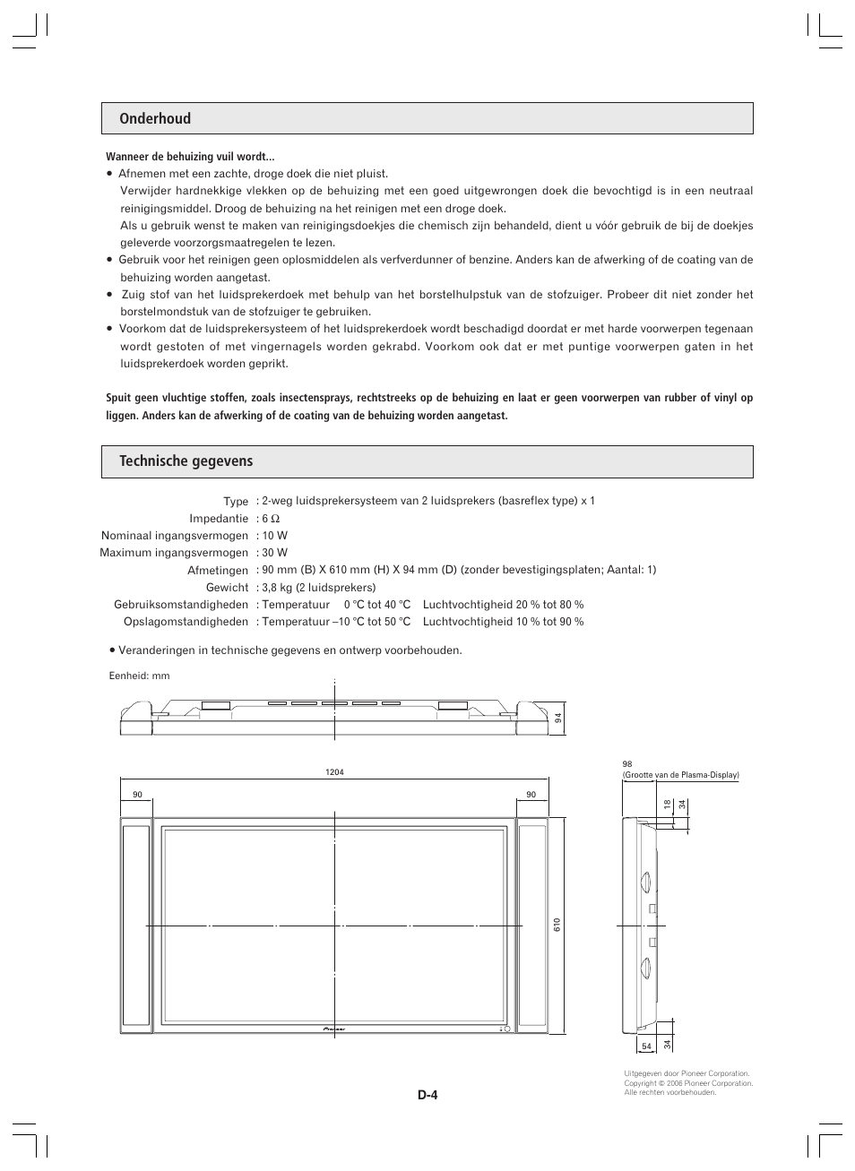 Onderhoud technische gegevens | Pioneer PDP-S44-LR User Manual | Page 26 / 32