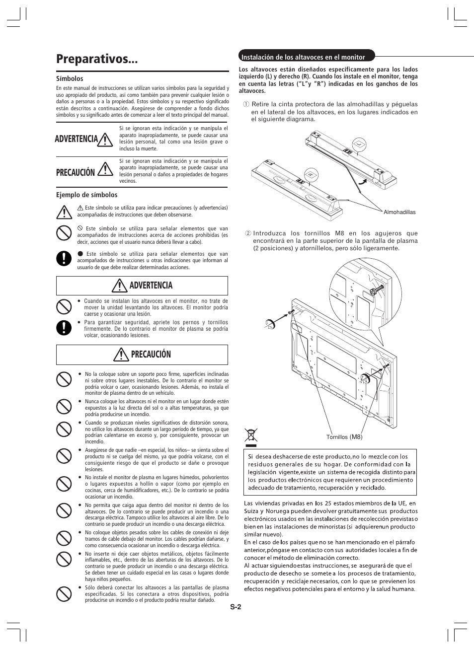 Preparativos, Advertencia, Precaución | Pioneer PDP-S44-LR User Manual | Page 28 / 32