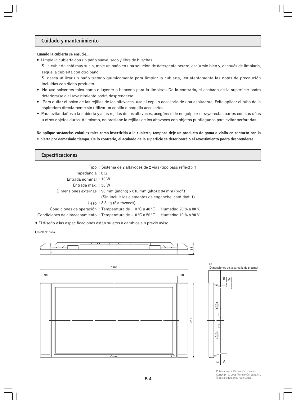 Cuidado y mantenimiento especificaciones | Pioneer PDP-S44-LR User Manual | Page 30 / 32