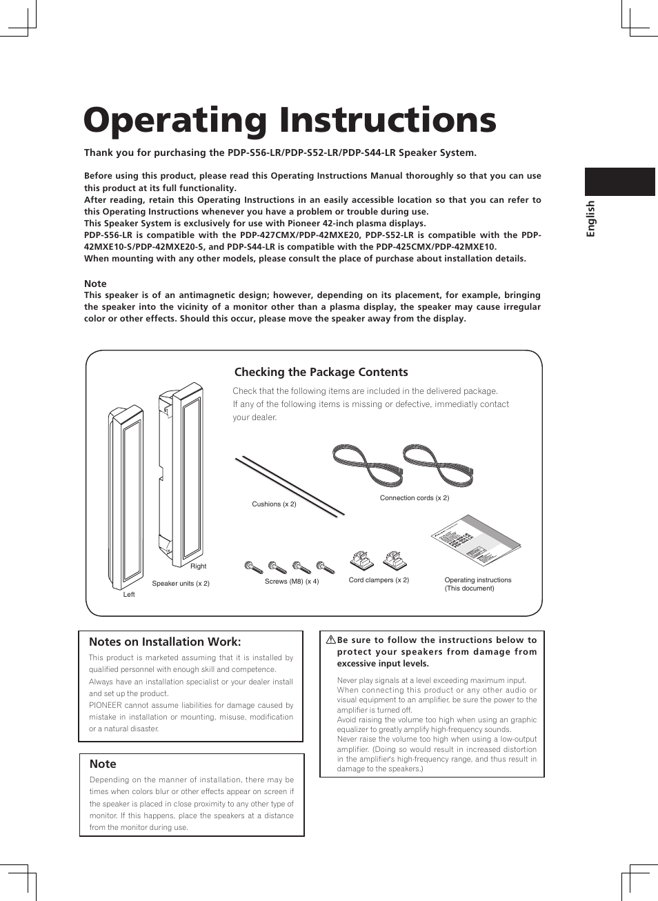 Operating instructions, Checking the package contents | Pioneer PDP-S44-LR User Manual | Page 7 / 32