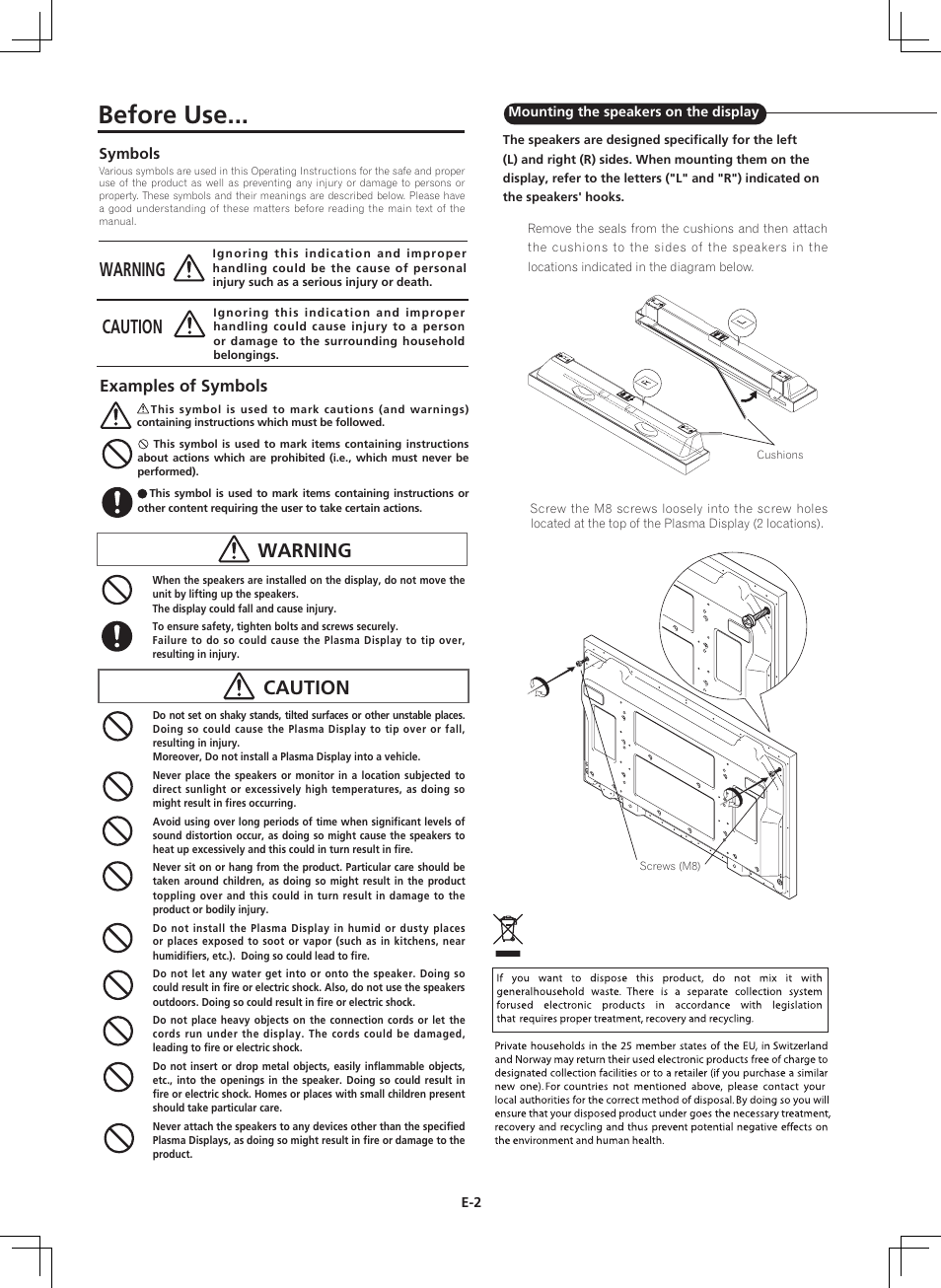 Before use, Warning, Caution | Examples of symbols | Pioneer PDP-S44-LR User Manual | Page 8 / 32