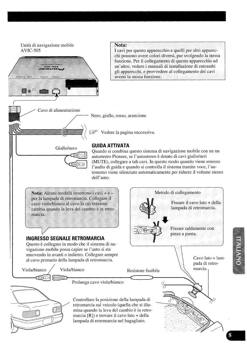 Guida attivata, Ingresso segnale retromarcia, Nota | Pioneer AVIC50S User Manual | Page 105 / 146