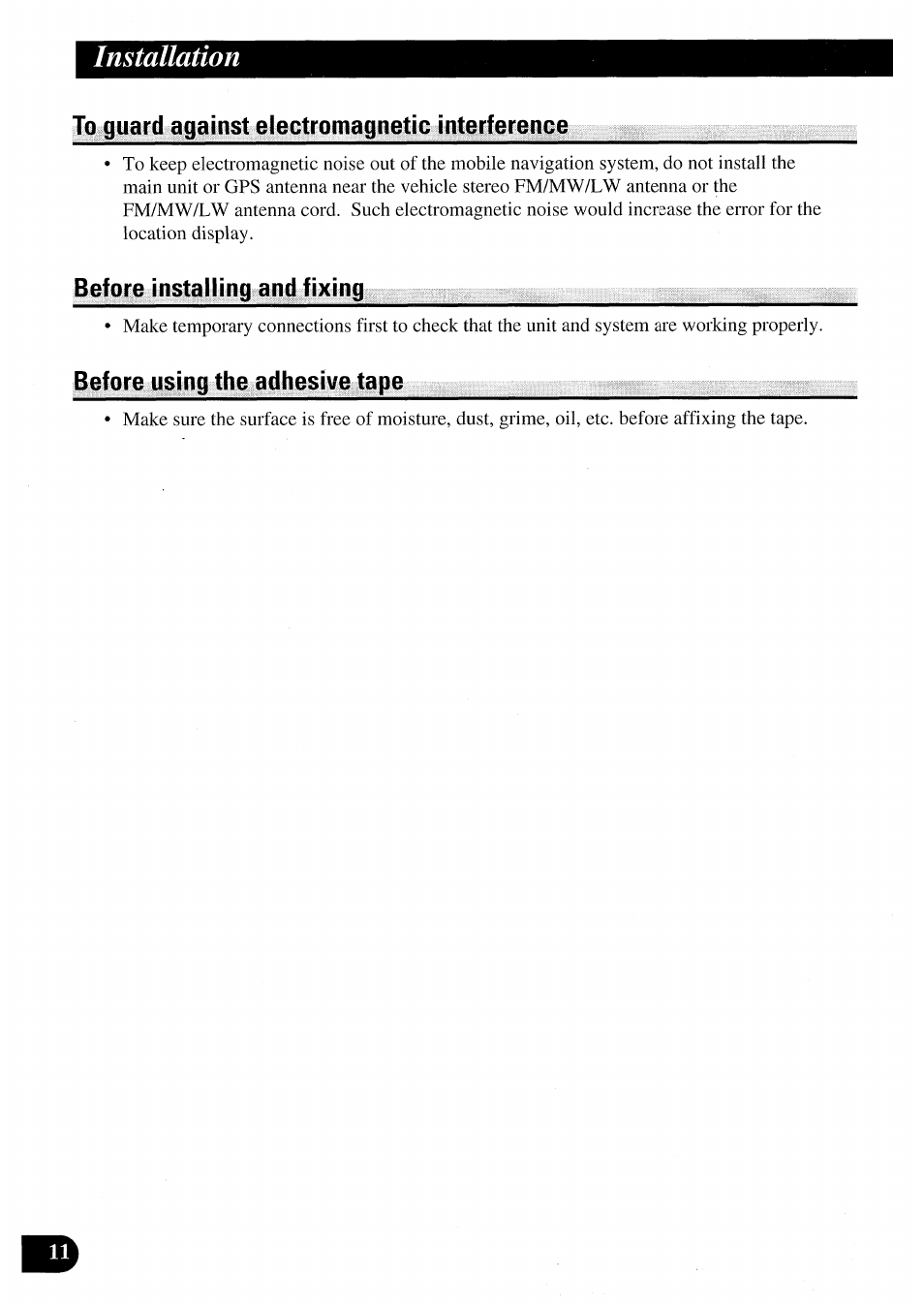 To guard against electromagnetic interference, Before installing and fixing, Before using the adhesive tape | Installation | Pioneer AVIC50S User Manual | Page 12 / 146