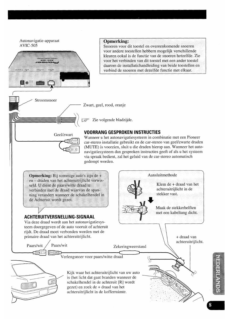 Voorrang gesproken instructies, Achteruitversnelling-signaal, Opmerking | Pioneer AVIC50S User Manual | Page 129 / 146