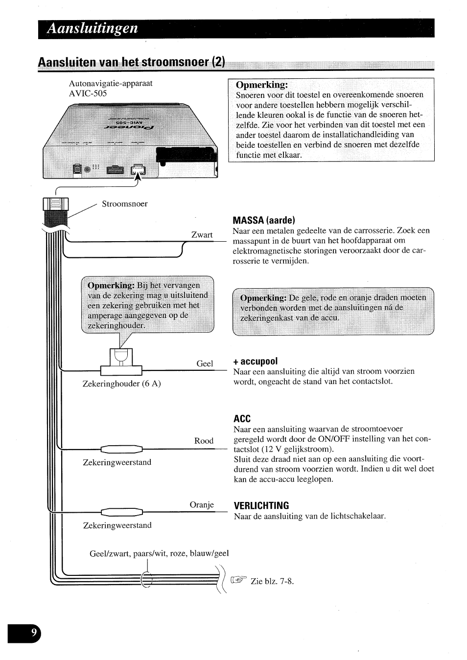 Massa (aarde), Accupool, Verlichting | Aansluitingen, Opmerking | Pioneer AVIC50S User Manual | Page 130 / 146