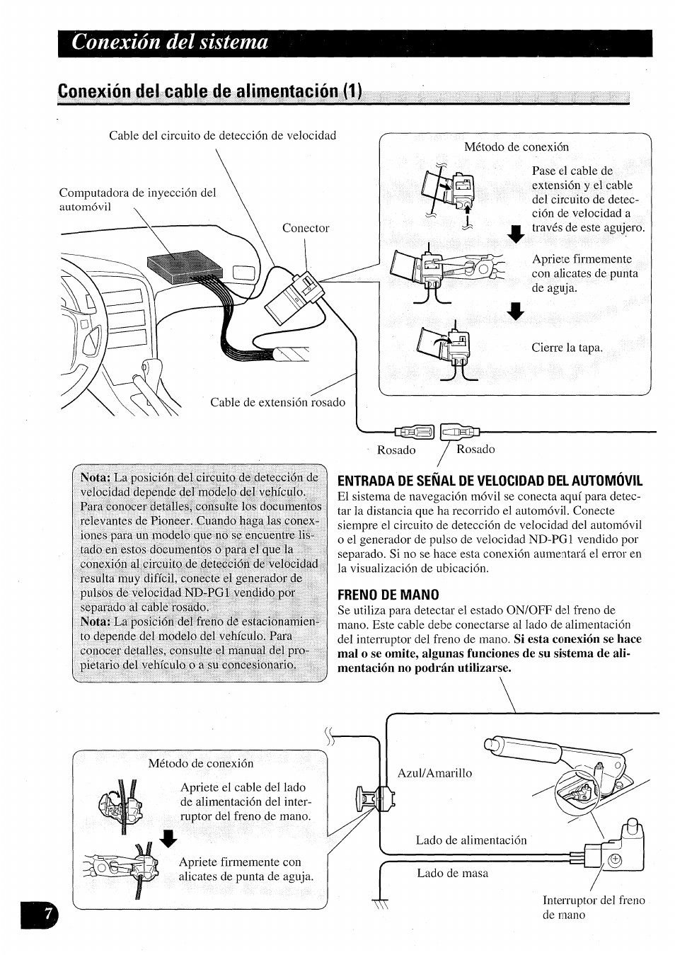 Conexión del cable de alimentación (1), Entrada de señal de velocidad del automovil, Freno de mano | Conexión del sistema | Pioneer AVIC50S User Manual | Page 32 / 146