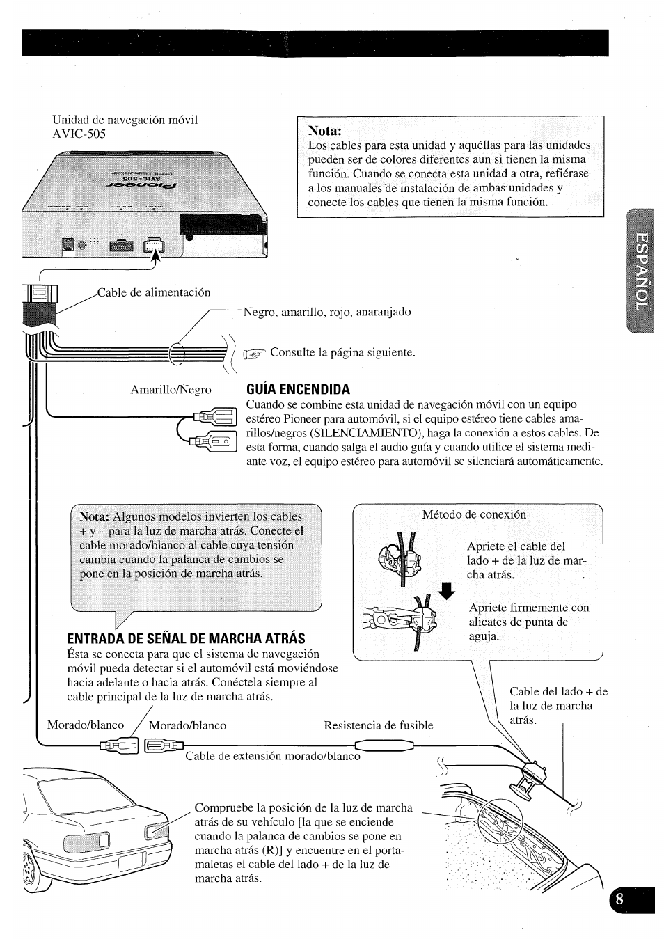 Guía encendida, Entrada de señal de marcha atras, Nota | Pioneer AVIC50S User Manual | Page 33 / 146