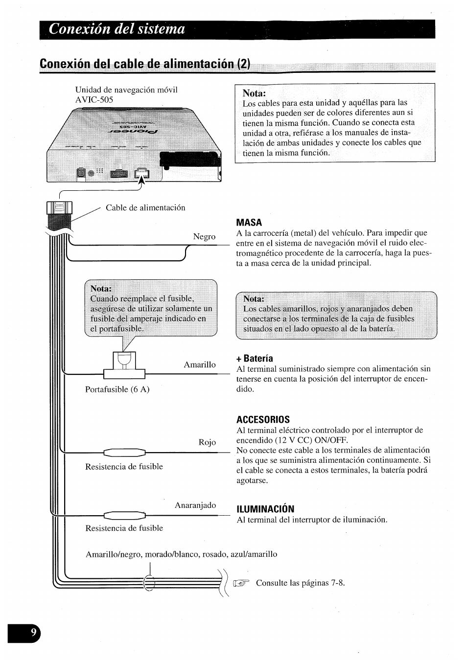 Conexión del cable de alimentación (2), Masa, Batería | Accesorios, Iluminación, Conexión del sistema | Pioneer AVIC50S User Manual | Page 34 / 146