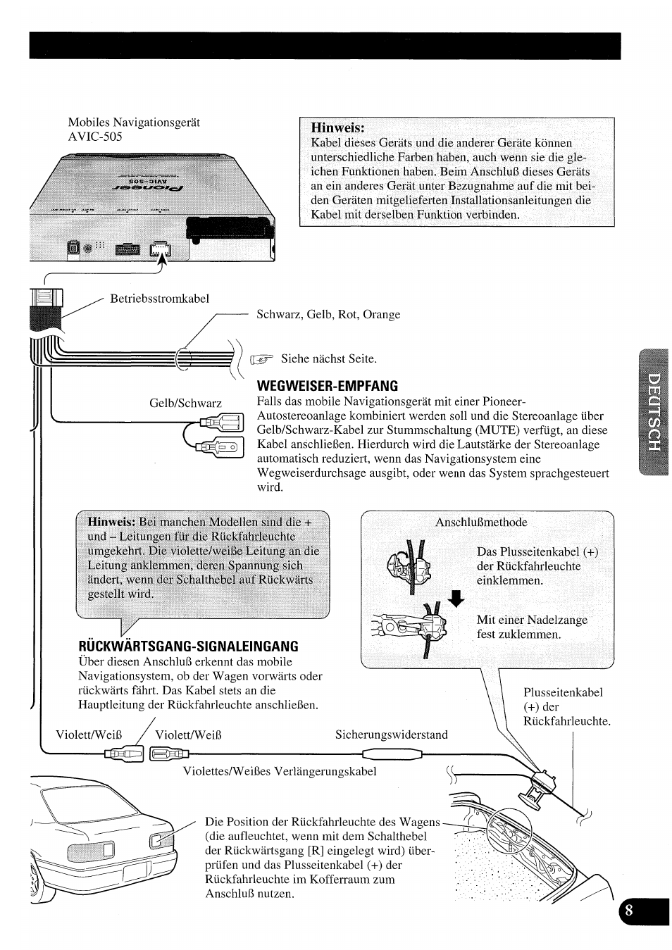 Wegweiser-empfang, Ruckwartsgang-signaleingang, Hinweis | Pioneer AVIC50S User Manual | Page 57 / 146