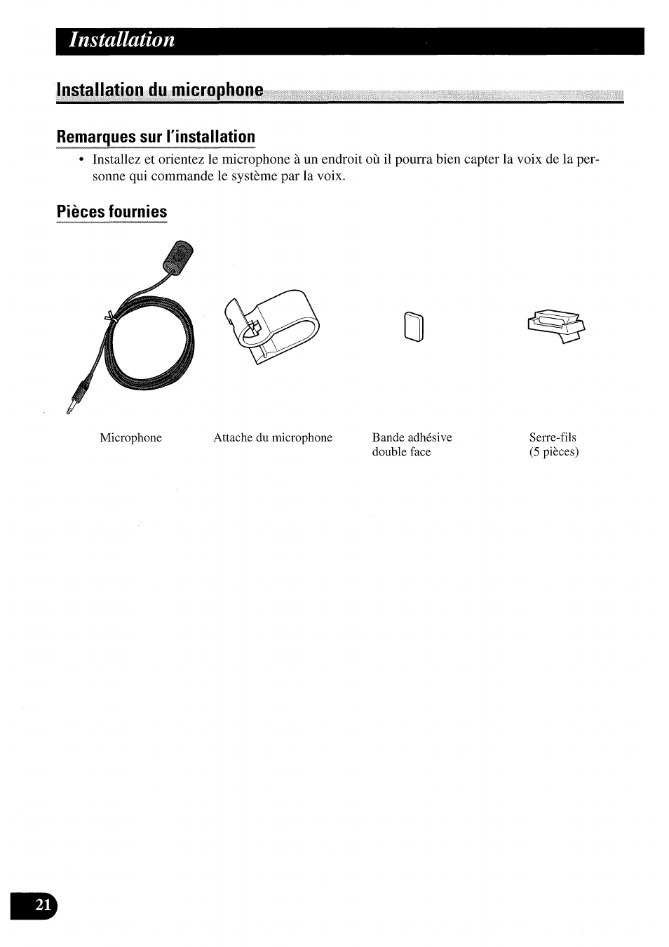 Installation du microphone, Installation | Pioneer AVIC50S User Manual | Page 94 / 146