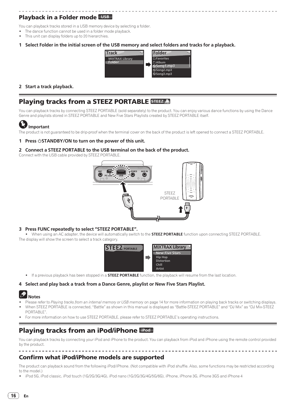 Playback in a folder mode, Confirm what ipod/iphone models are supported, Playing tracks from a steez portable | Playing tracks from an ipod/iphone, Steez | Pioneer STZ-D10Z-R User Manual | Page 16 / 31