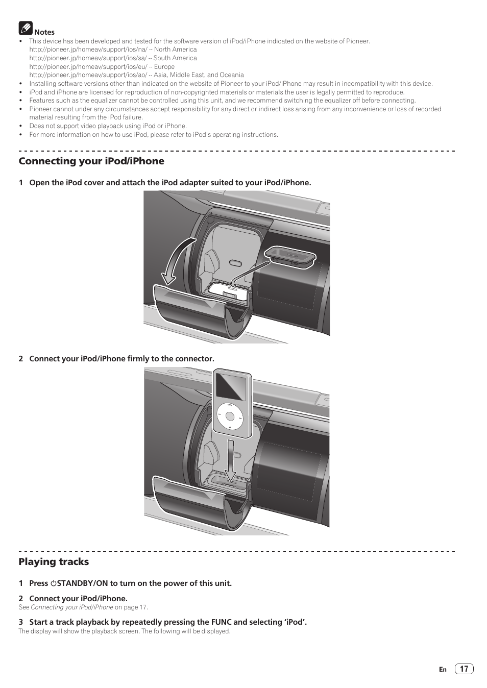 Connecting your ipod/iphone playing tracks, Connecting your ipod/iphone, Playing tracks | Pioneer STZ-D10Z-R User Manual | Page 17 / 31