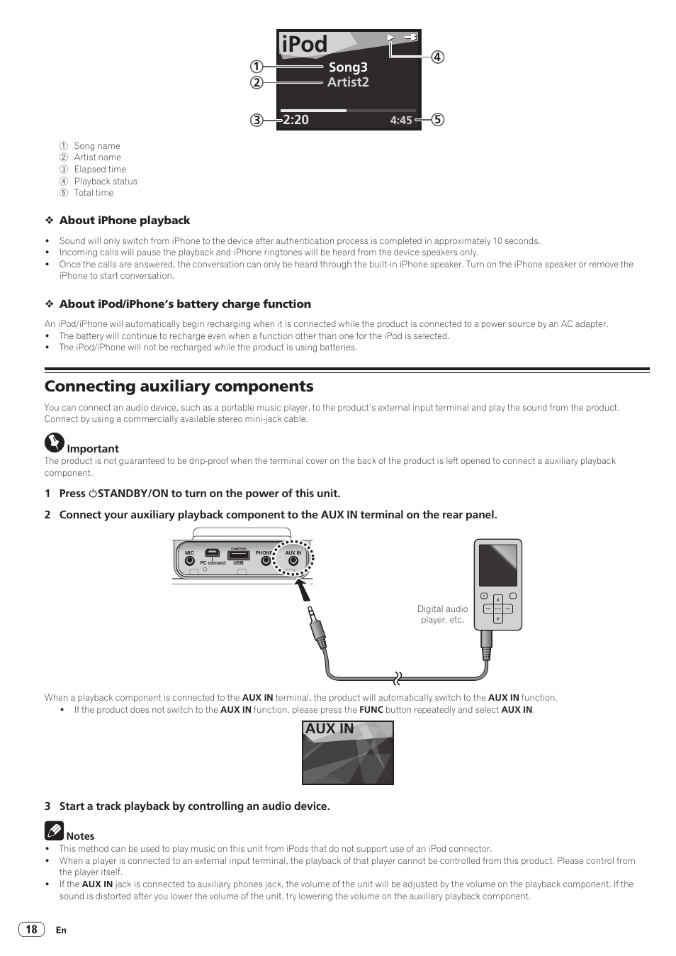 Connecting auxiliary components, Ipod, Aux in | Pioneer STZ-D10Z-R User Manual | Page 18 / 31