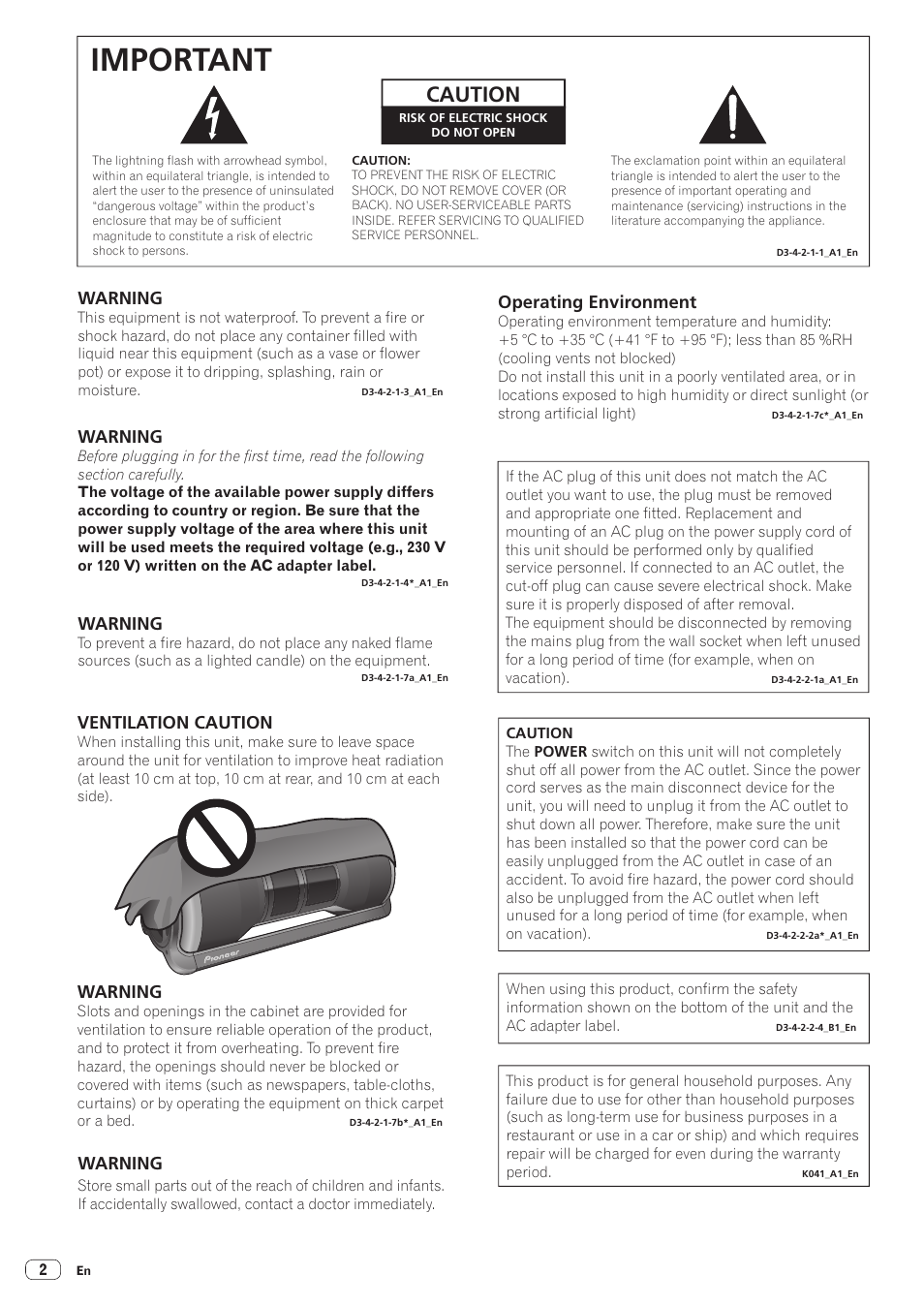 Important, Caution, Warning | Ventilation caution, Operating environment | Pioneer STZ-D10Z-R User Manual | Page 2 / 31