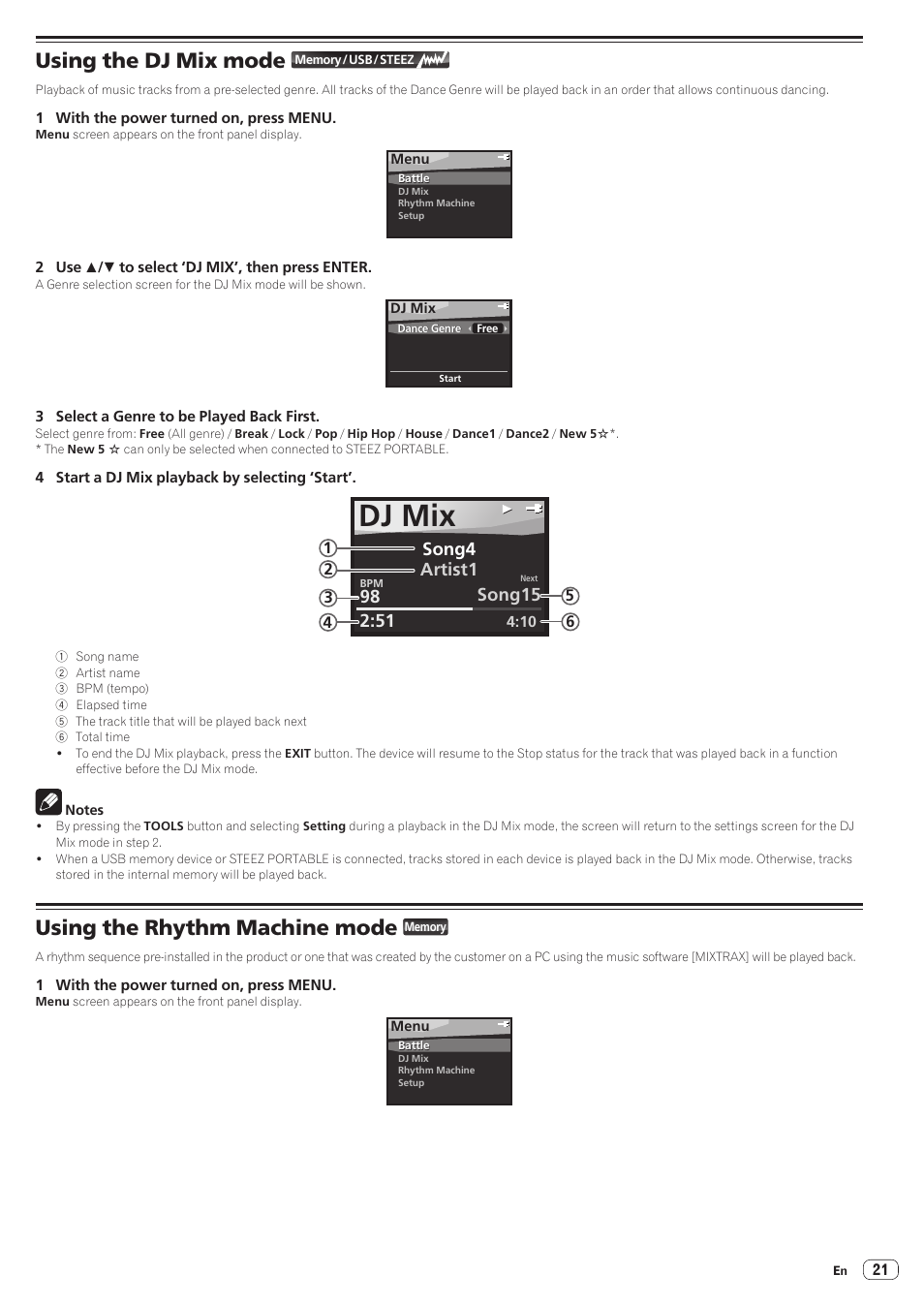Dj mix, Using the dj mix mode, Using the rhythm machine mode | Pioneer STZ-D10Z-R User Manual | Page 21 / 31