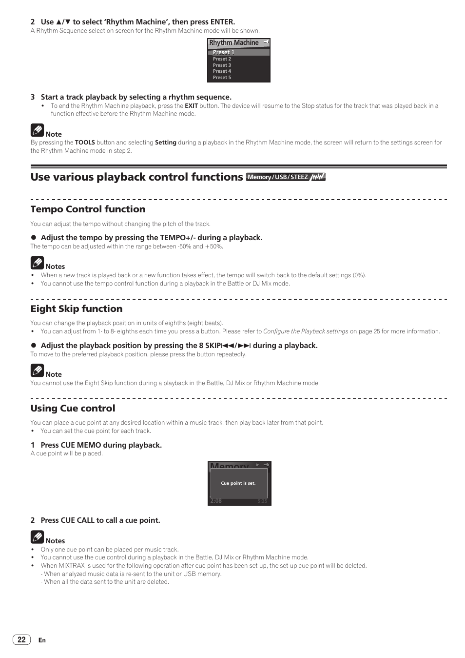 Use various playback control functions, Tempo control function, Eight skip function | Using cue control | Pioneer STZ-D10Z-R User Manual | Page 22 / 31