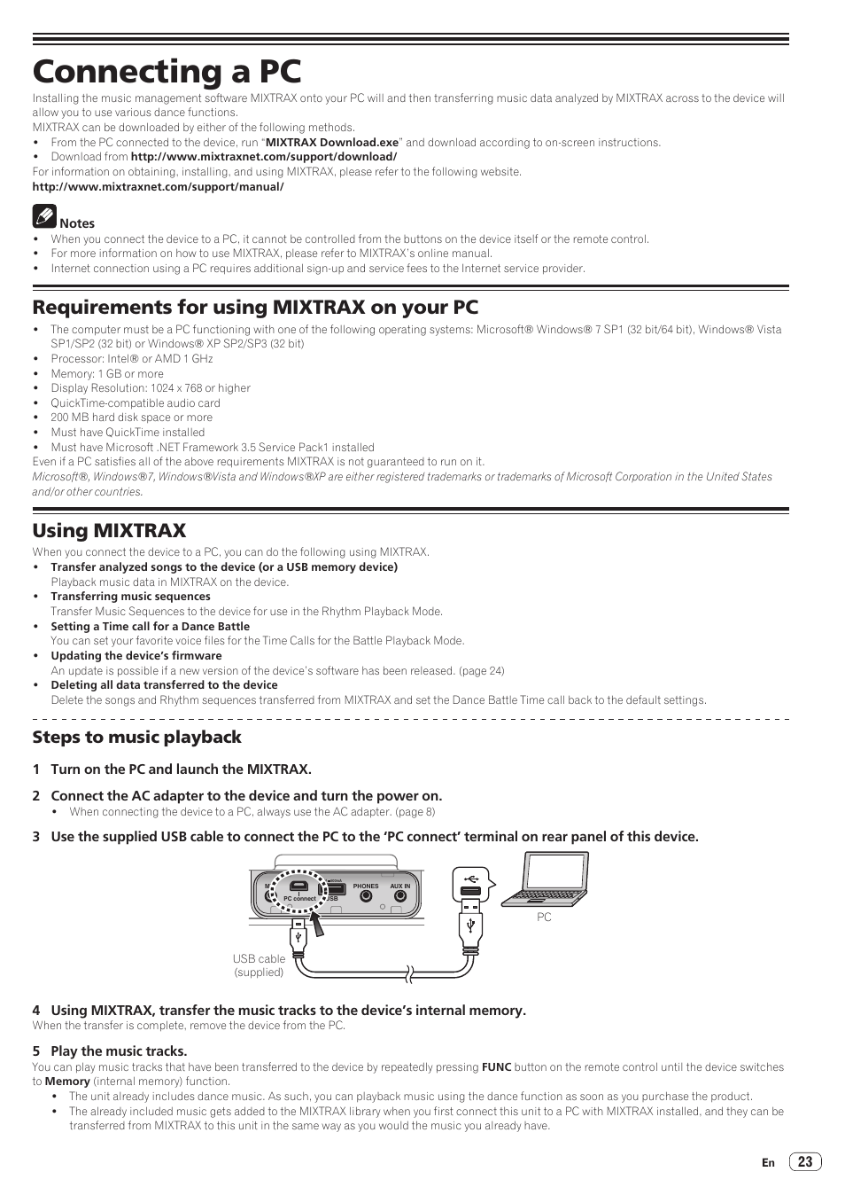 Steps to music playback, Connecting a pc, Requirements for using mixtrax on your pc | Using mixtrax | Pioneer STZ-D10Z-R User Manual | Page 23 / 31