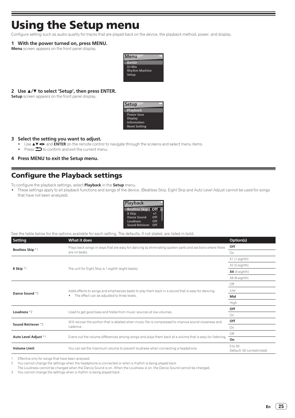 Configure the playback settings, Using the setup menu | Pioneer STZ-D10Z-R User Manual | Page 25 / 31