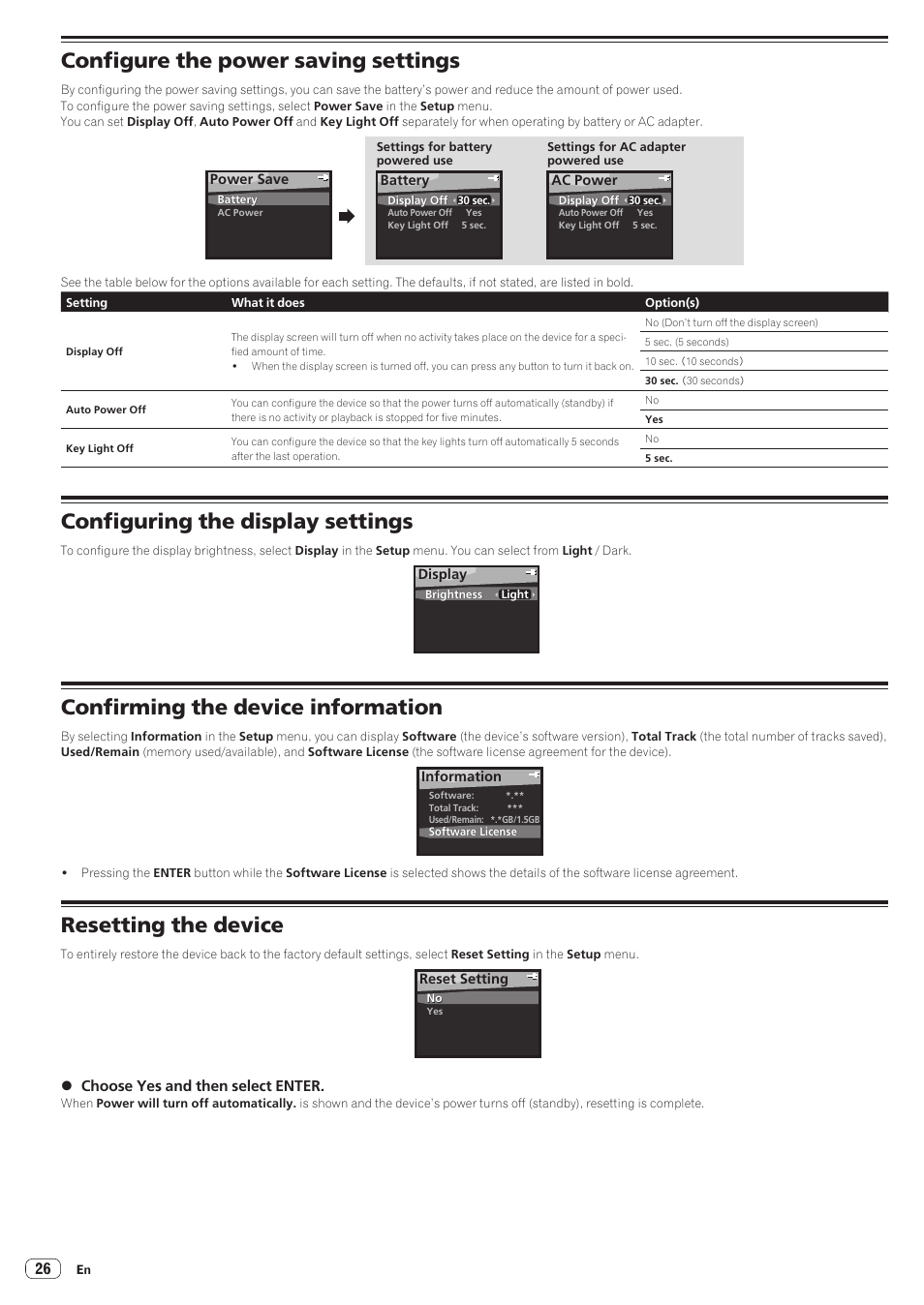 Configure the power saving settings, Configuring the display settings, Confirming the device information | Resetting the device | Pioneer STZ-D10Z-R User Manual | Page 26 / 31