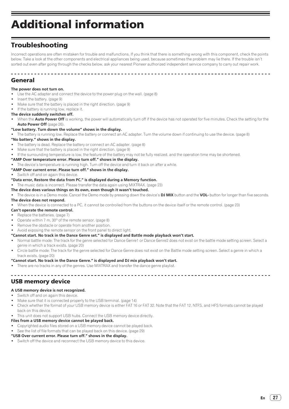Troubleshooting, General usb memory device, Additional information | General | Pioneer STZ-D10Z-R User Manual | Page 27 / 31