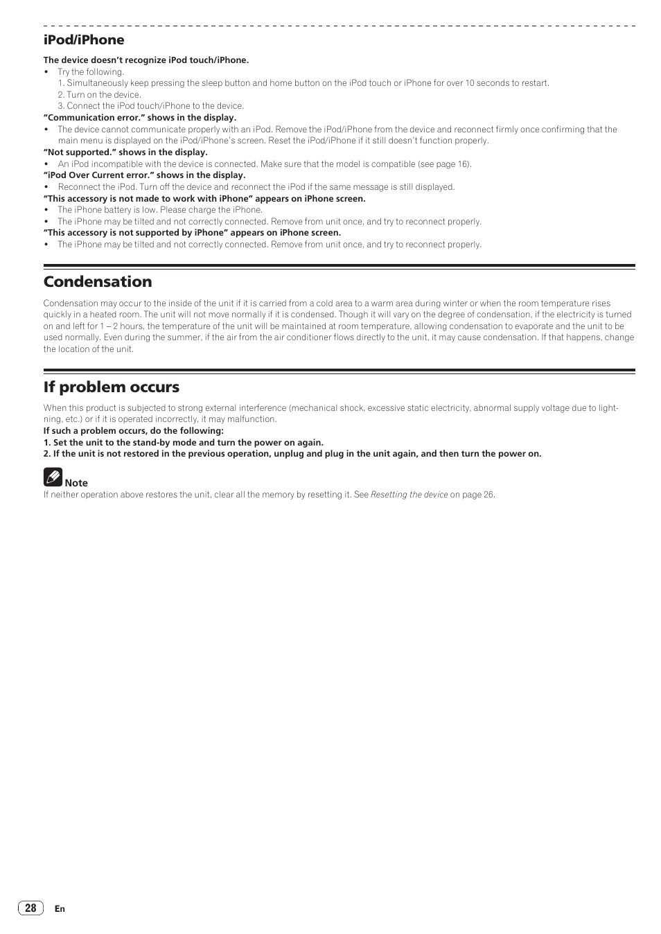 Ipod/iphone, Condensation if problem occurs, Condensation | If problem occurs | Pioneer STZ-D10Z-R User Manual | Page 28 / 31