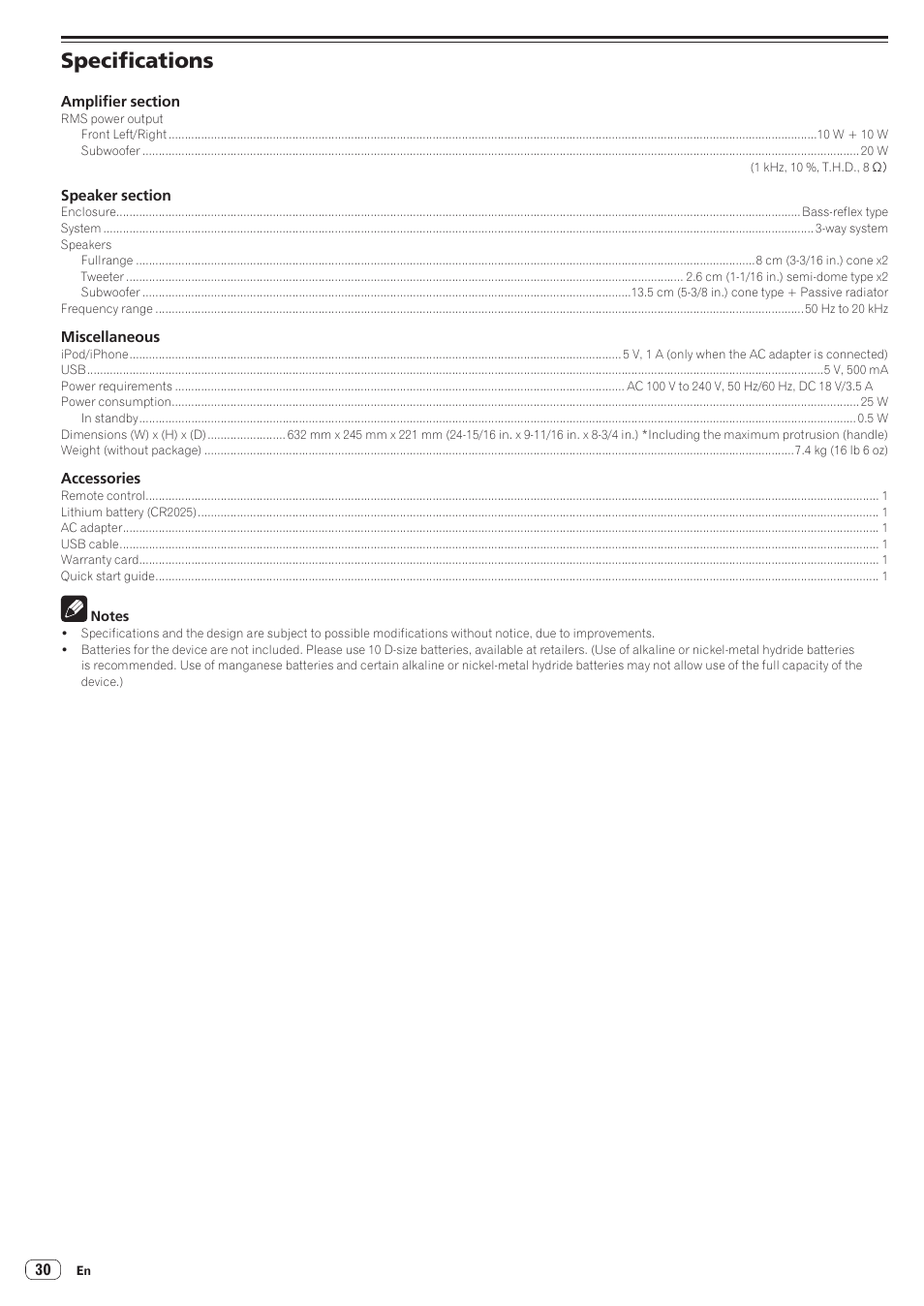 Specifications | Pioneer STZ-D10Z-R User Manual | Page 30 / 31