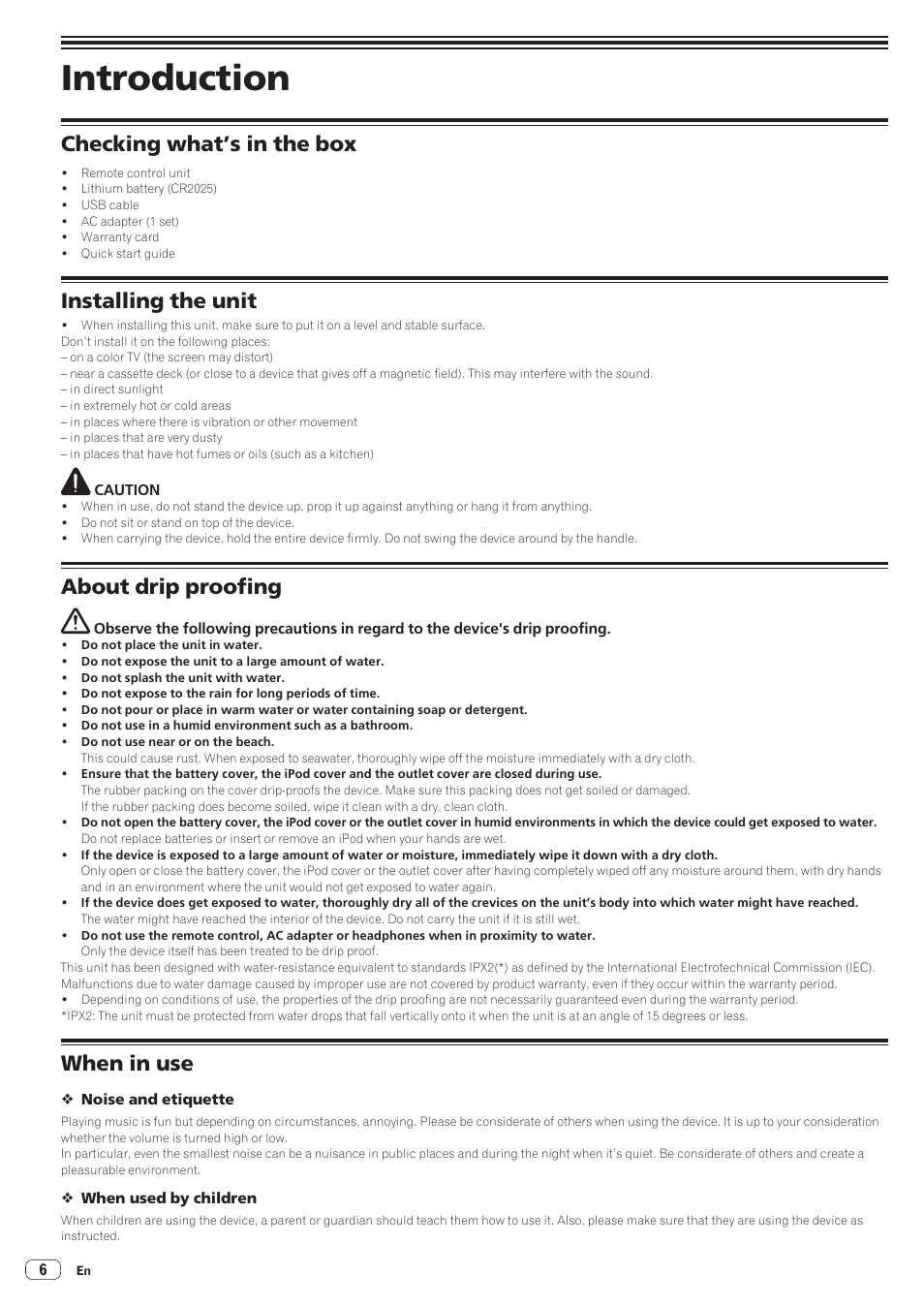 Introduction, Checking what’s in the box, Installing the unit | About drip proofing, When in use | Pioneer STZ-D10Z-R User Manual | Page 6 / 31