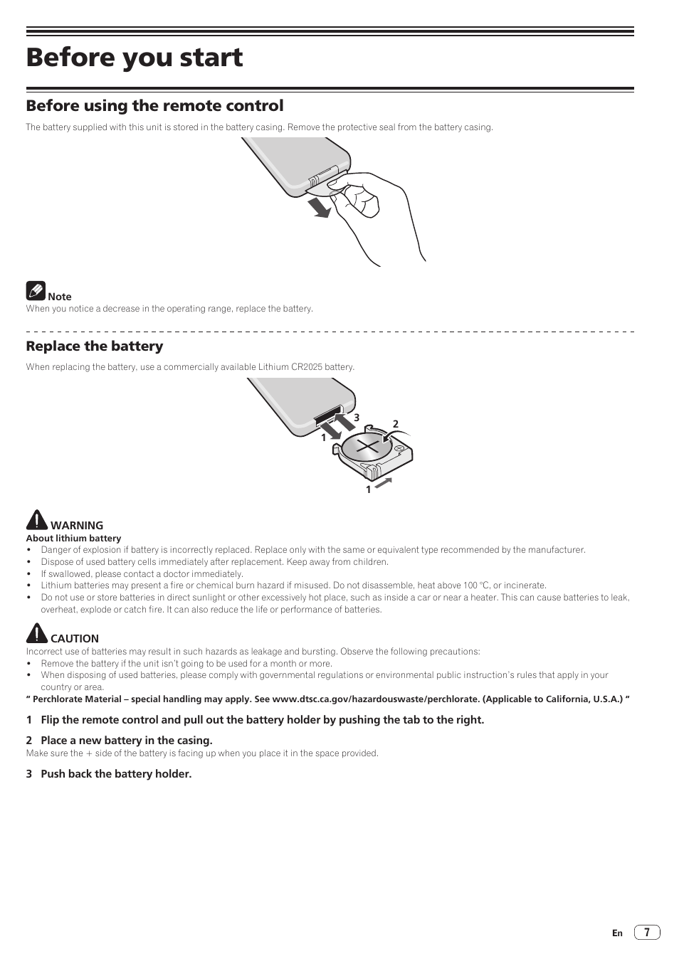 Before using the remote control, Replace the battery, Before you start | Pioneer STZ-D10Z-R User Manual | Page 7 / 31